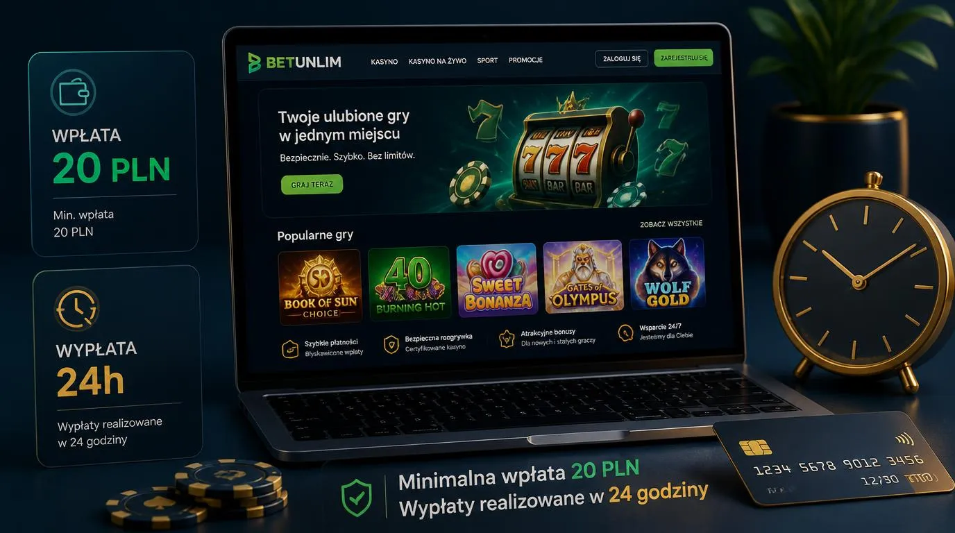 Ekran kasyna z wpłatą 20 PLN, wypłatą w ciągu 24 godzin i kafelkami gier