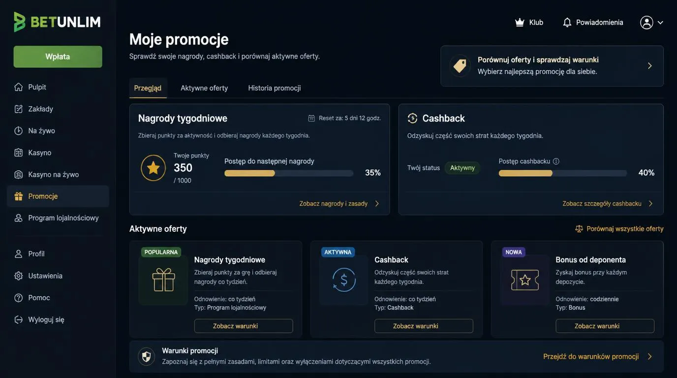 Panel promocji kasyna z tygodniowymi nagrodami, punktami i informacją o cashbacku