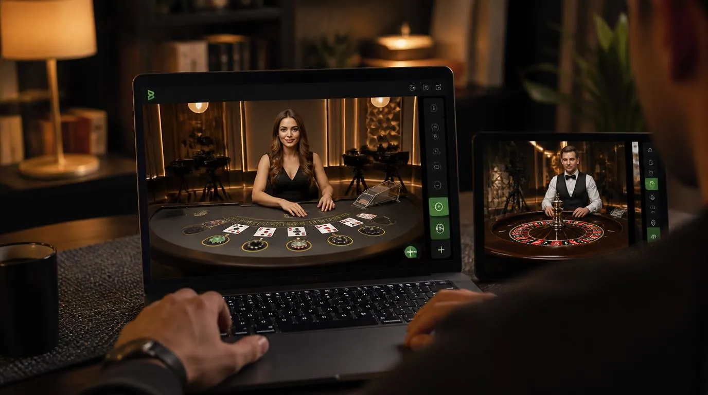 Krupier przy stole blackjacka w studiu kasyna na żywo, obok ekran z transmisją ruletki